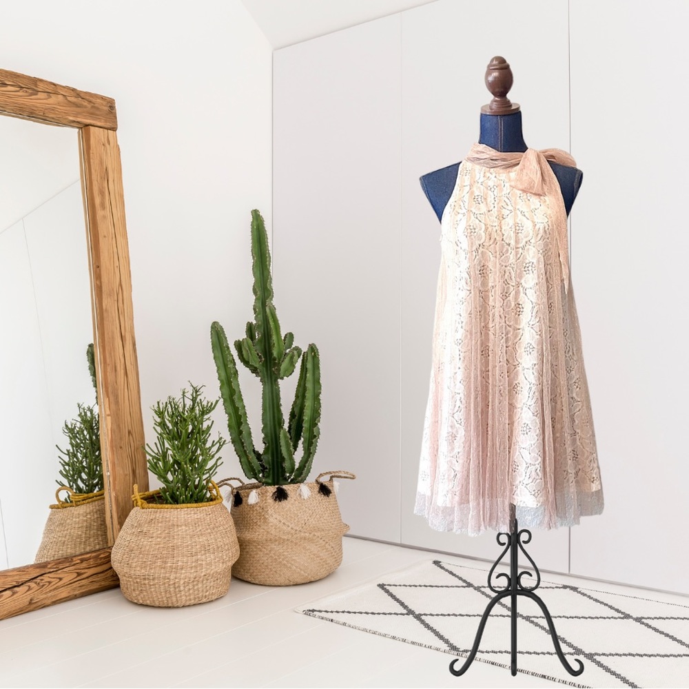 RYU Sleeveless Lace Tulle Overlay Bow Neck Shift Dress